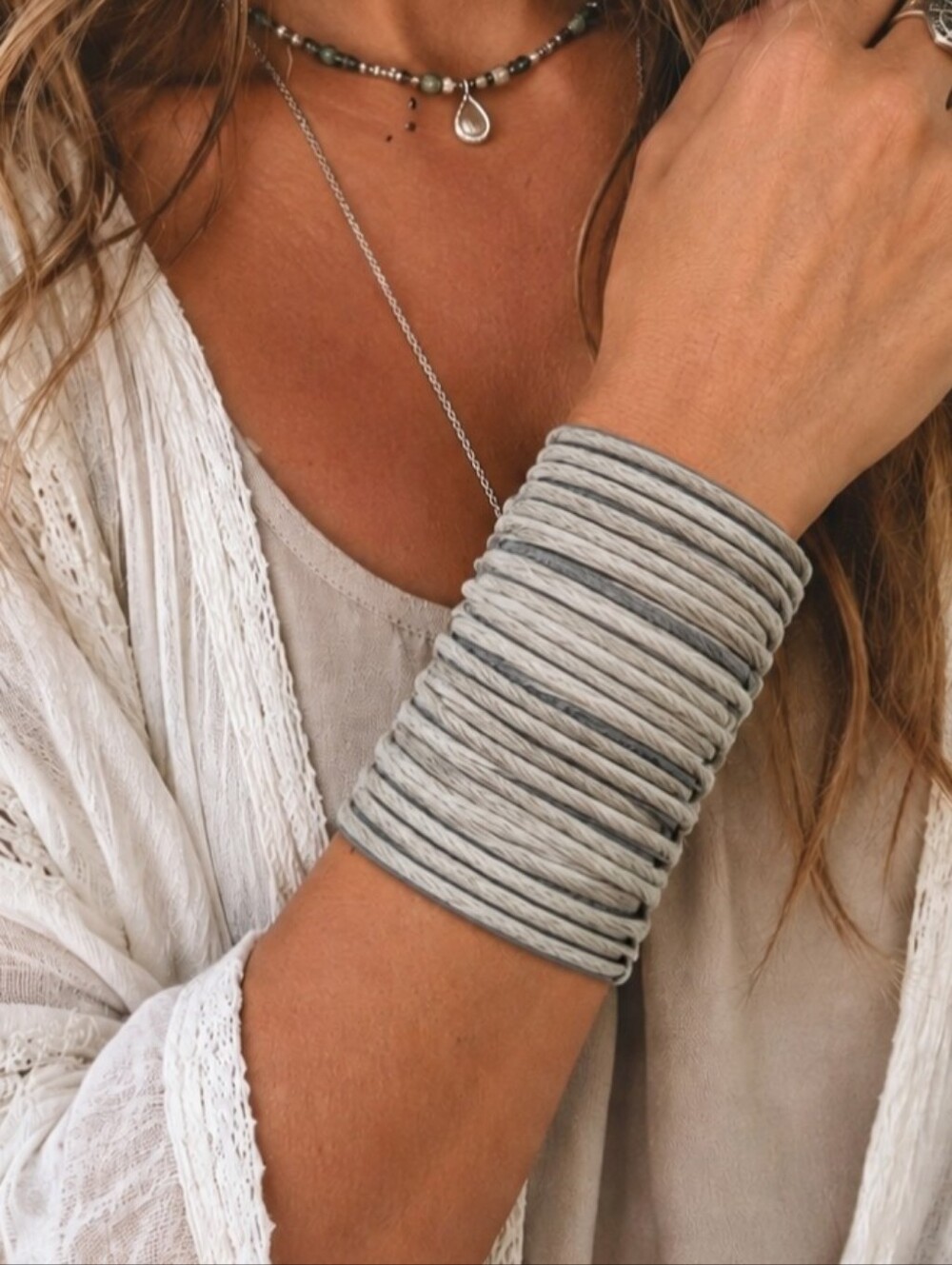 Boho Cowhide Leather Fringe Cuff Bracelet Gray White Wrap Snap Closure Western